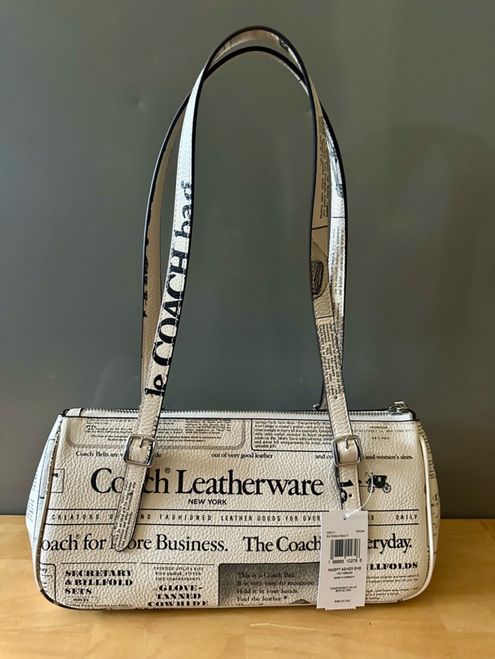 NWT Coach Asher Leather Shoulder Bag with Newspaper Print